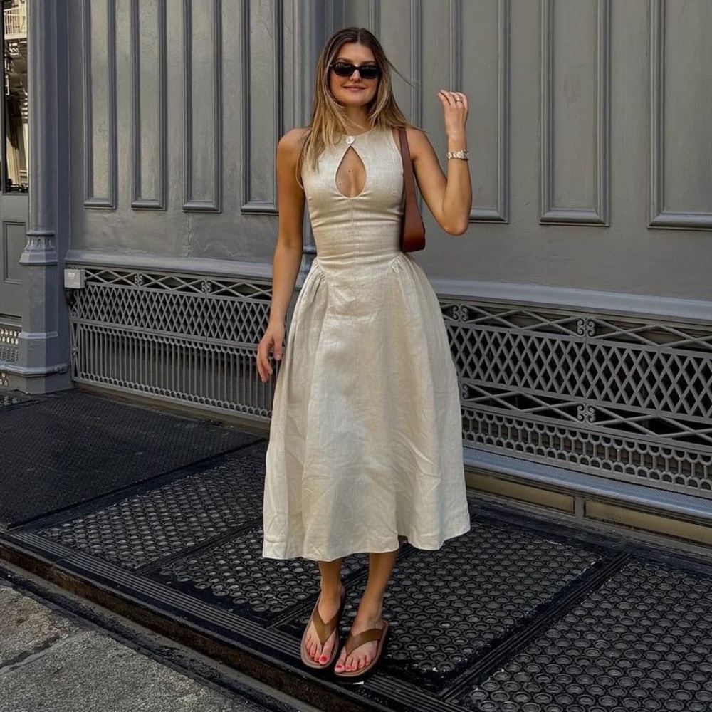 REVOLVE LPA SEINA LINEN DROP WAIST MIDI DRESS SMALL COMMENSE